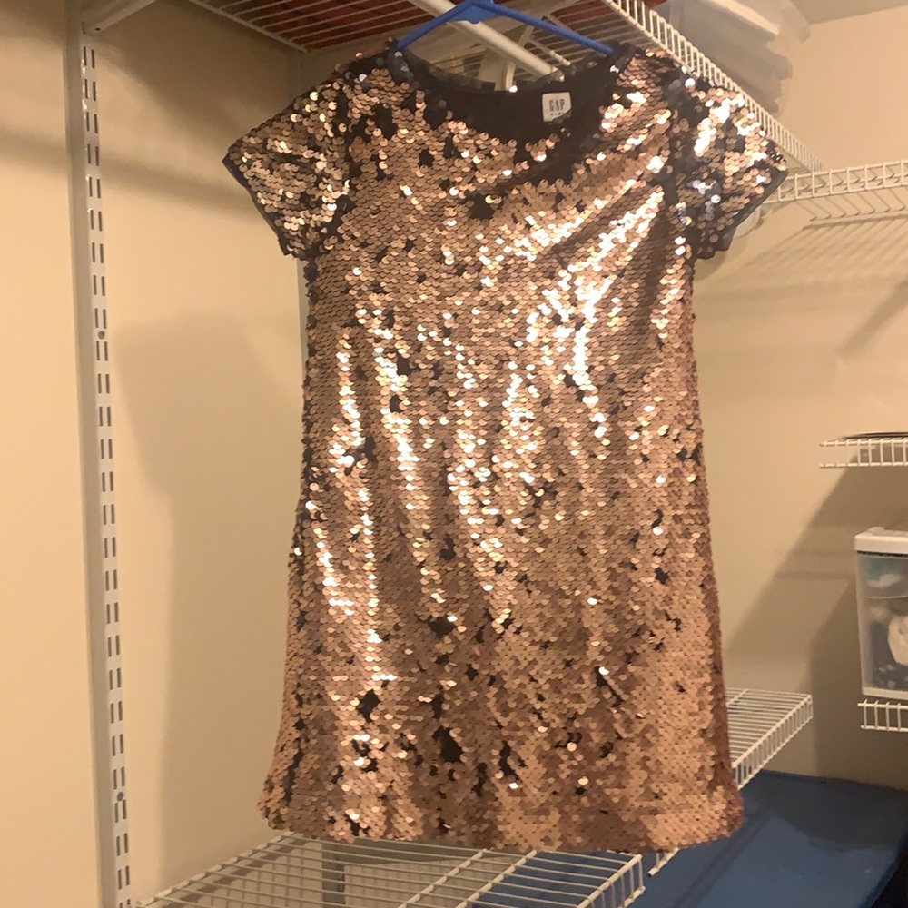 Navy and rose gold flip sequence dress